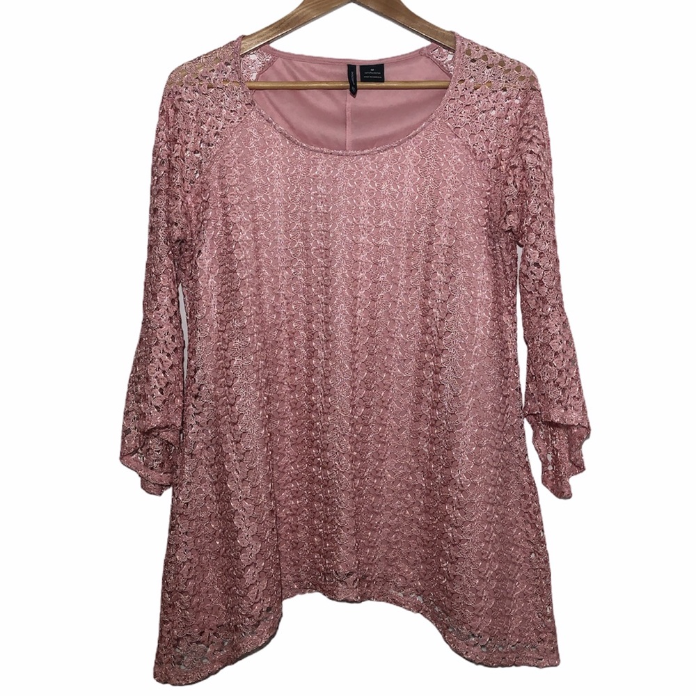 New Directions Womens Long Sleeve Pink Lace Blouse Size Medium
